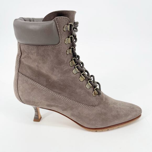 Manolo Blahnik Y2K Taupe Suede Oklamod Timberland Lace-Up Ankle Boots IT 37 - Picture 2 of 10
